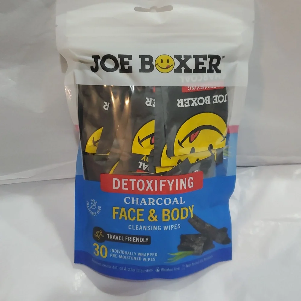 Joe Boxer detoxifting charcoal face and body 60 individually wrapped wipes new